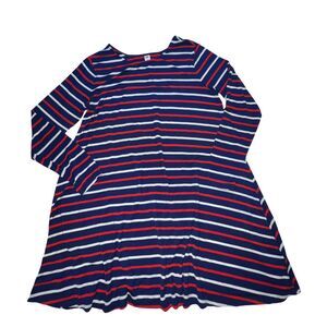 Old Navy Dress Women XL Fit Flare Midi A Line Long Sleeve Red White Blue Stripes